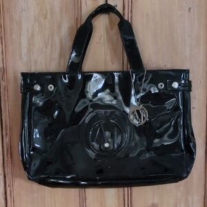 Armani Jeans Black Patent Tote with AJ Logo Charm